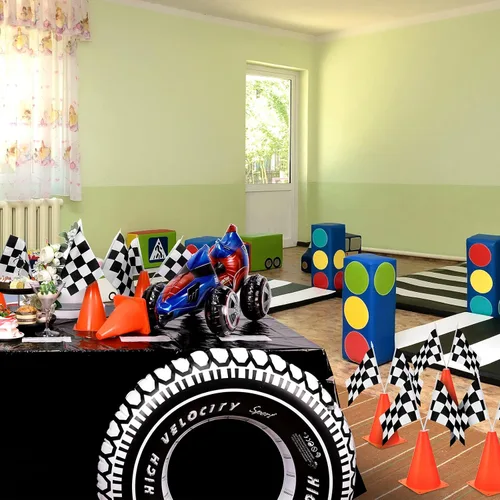 Vista 5 de Irenare 2 hojas de suministros para fiesta de cumpleaños de automóvil, decoraciones de fiesta de carreras, mantel de camino de mesa de carreras