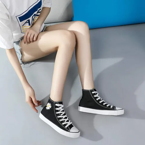 Vista 5 de Tenis de lona de caña alta con cordones para mujer, estilo informal, ideales para caminar