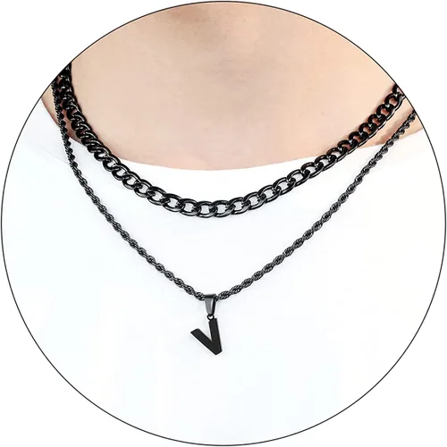 Vista 53 de SENRAN Collar con inicial en capas de la A a la Z para hombre, cadena de cuerda torcida de acero inoxidable de 18 a 20 pulgadas, dije de letra