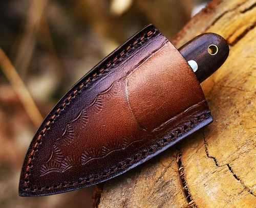 Vista 4 de ANCILLA Cuchillo de ciervo de campamento hecho a mano para caza de damasco, hoja fija de espiga completa, mini cuchillo de cuello de vaquero de Mini