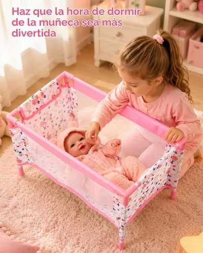 Vista 6 de Cuna para Muñecas Bebé Reborn, Cama de Muñeca para Bebés de 18 Pulgadas, Cuna de Juguete Extraíble para Corralito de Muñecas de Bebé, Accesorios