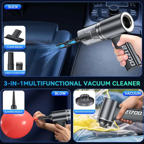 Vista 4 de Aspiradora portátil inalámbrica con motor sin escobillas, potencia de succión de 16000 PA, plumero de aire comprimido 3 en 1 y soplador de aire