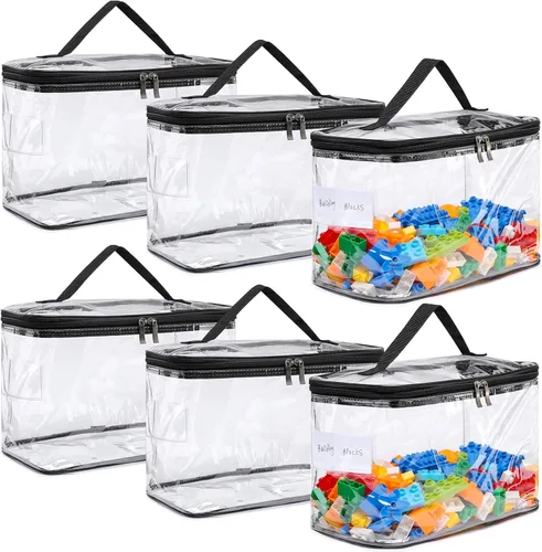 Vista 9 de Paquete de 4 bolsas de almacenamiento grandes transparentes para juguetes con etiqueta de nombre, funda organizadora de juguetes de PVC impermeable