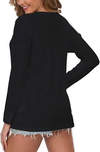 Vista 3 de NEYOUQE Camisas Henley de moda para mujer, de manga largacorta, blusas de verano, suéter casual, camisa básica