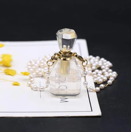 Vista 3 de Collar con colgante de botella de perfume de piedra natural, collar de cadena de cuarzo transparente blanco para mujer, joyería de boda