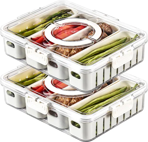 Vista 11 de Paquete de 3 Cajas Snackle Divididas Bandeja para Servir Verduras con Tapa Conservador de Ensaladas con 4 Cajas Removibles Contenedores