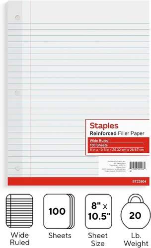Vista 2 de Staples 126465 - Papel de relleno reforzado con rayas anchas, 8 pulgadas x 10 1/2 pulgadas cada uno (23904W)
