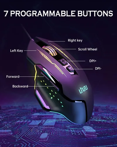 Vista 5 de UHURU WM-07L RGB Mouse con cable para computadora con 7 botones programables, 14 modos de retroiluminación de hasta 12800 DPI para jugadores