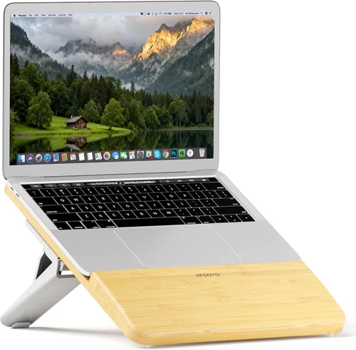Vista 8 de AFOOYO Soporte ajustable de bambú para laptop, elevador de computadora portátil, soporte ergonómico para portátil con reposamuñecas, compatible