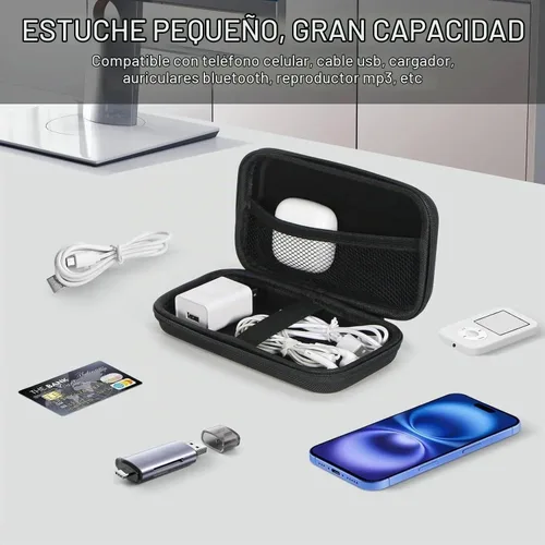 Vista 3 de Funda de protección portátil de goma EVA para batería externa, teléfono celular, GPS, disco duro, cable de carga USB, bolsa de transporte con Negro
