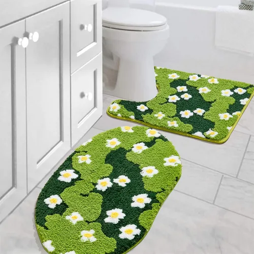 Vista 9 de Bonita Alfombra de Baño Verde Floral Hierba Primavera Flor Margarita Alfombras de Baño Antideslizantes Lavables a Máquina Súper Absorbentes