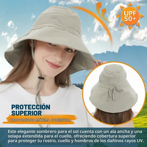 Vista 2 de Women's Cotton Sun Hat with Neck Flap, UV Protection Wide Brim Outdoor Hat Caqui