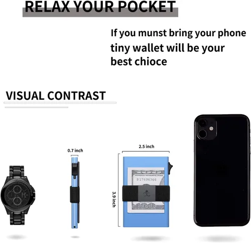Vista 8 de SEMORID Cartera delgada de aluminio con tarjetero para hombre, Botón azul realB, Cartera Rfid minimalista para hombre