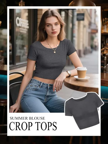 Vista 3 de Paquete de 4 camisetas cortas básicas ajustadas de manga corta para mujer, lindas camisetas cortas de moda con cuello redondo para mujeres