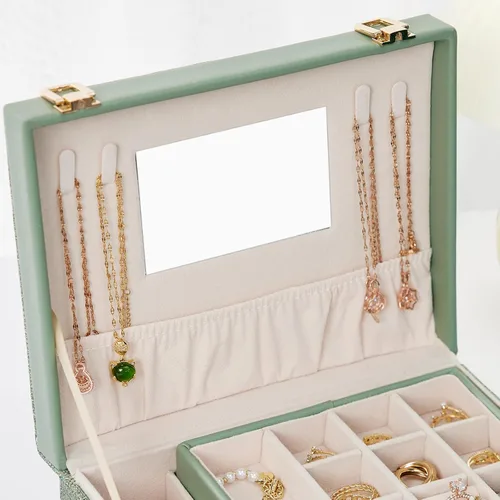Vista 4 de Zumier Joyero organizador portátil para mujeres y niñas con piel sintética, caja organizadora de aretes con espejo de maquillaje para cumpleaños
