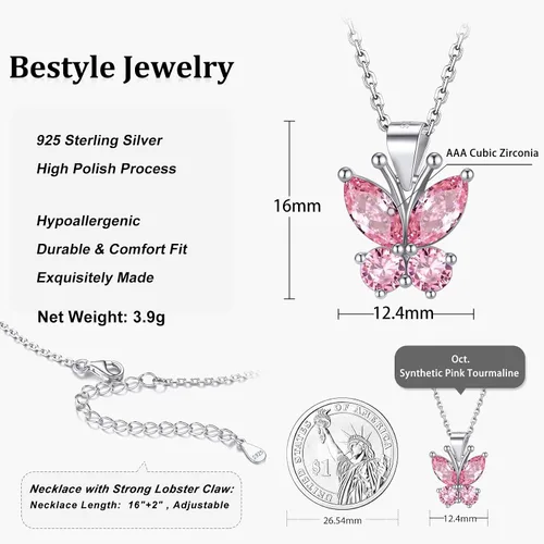 Vista 7 de Bestyle Anillo de collar de mariposa con piedra natal plateada para mujeres, delicado y lindo regalo de joyería de mariposa para mujeres