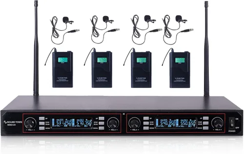 Vista 7 de Sound Town Sistema de micrófono inalámbrico UHF ajustable de 200 canales con receptor de metal, 4 micrófonos de mano y escaneo automático