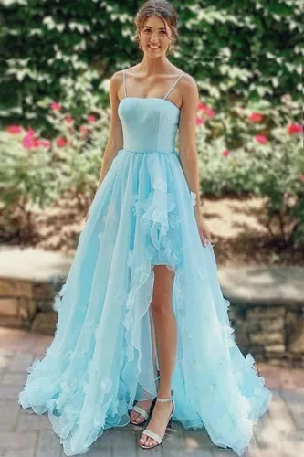 Vista 2 de Vestidos de baile de graduación, tirantes delgados, tul largo con volantes, vestido de fiesta de noche formal de princesa