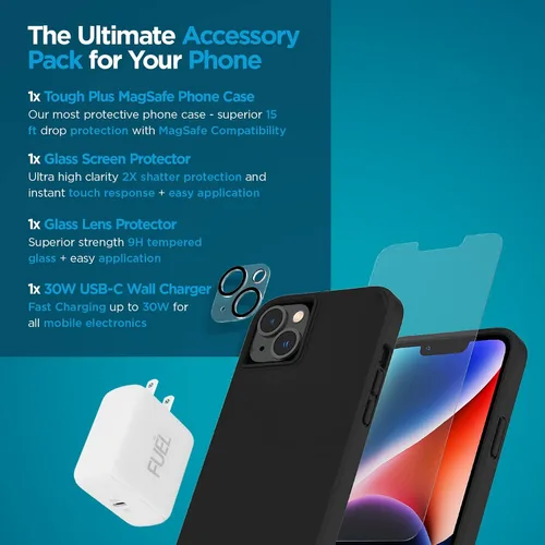 Vista 2 de Case-Mate Paquete de protección 4 en 1, funda para iPhone 14 Plus (negro pesado), vidrio templado, protector de lente y cargador USB C de 30 W