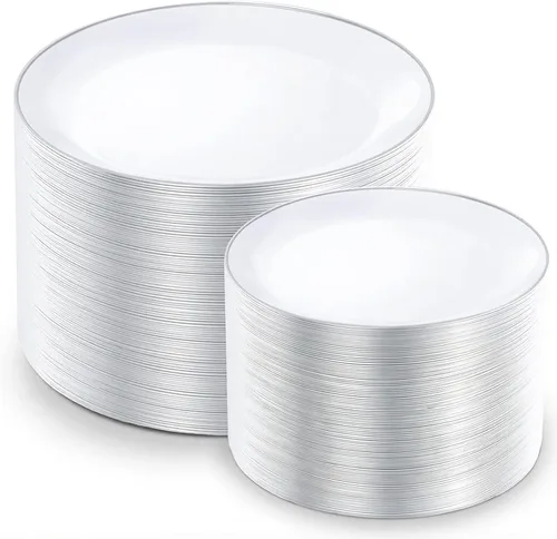 Vista 18 de KIRE 60 platos de plástico negro, platos desechables negros con borde dorado para fiesta de Halloween/graduación, incluye 30 unidades de 10.25