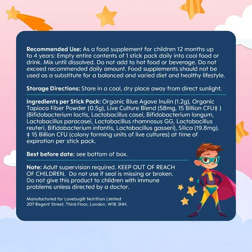 Vista 7 de LOVEBUG Polvo probiótico para niños con fibra prebiótica – Apoyo inmunitario y alivio del estreñimiento – Probióticos orgánicos USDA para la salud