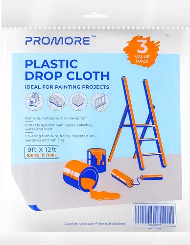 Vista 8 de Paños de plástico, 1 mil de grosor, 9 x 12 pies, láminas de pintor gruesas A prueba de desgarros, impermeable, para pintura, muebles, paredes