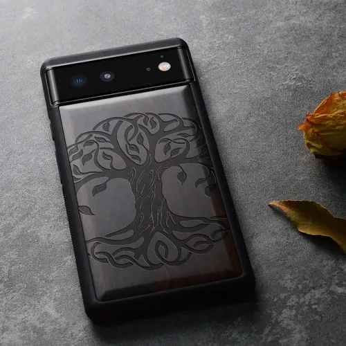 Vista 6 de Carveit Funda de madera para Pixel 6 [madera real dura y TPU suave] a prueba de golpes, funda protectora híbrida única y elegante de madera