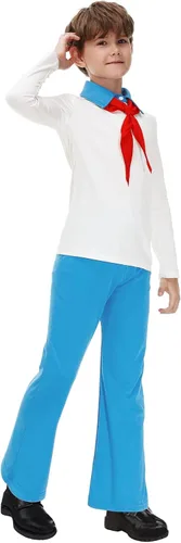 Vista 5 de Remimi Disfraz de Halloween para niños, conjunto de camisa y pantalones con bufanda roja, de 3 a 14 años