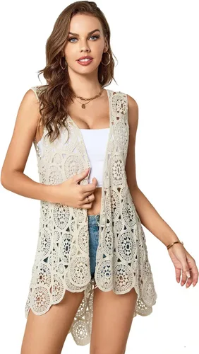 Vista 3 de Chaleco de encaje de ganchillo para mujer, estilo bohemio, sin mangas, kimono con dobladillo irregular