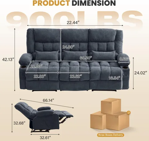 Vista 2 de BOSMILLER Sofá reclinable con portavasos para sala de estar, sofá manual de 3 asientos, reclinable con bolsillo lateral