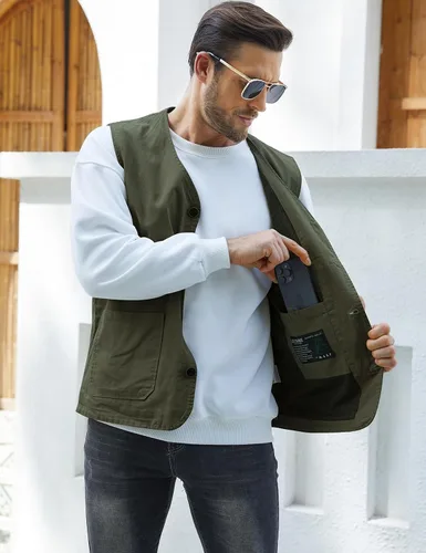 Vista 2 de Gihuo Chaleco de viaje para hombre, casual, con múltiples bolsillos, cuello en V, con botones, de algodón, chaleco de trabajo Verde militar