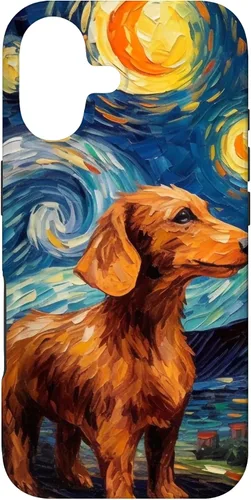 Vista 32 de Carcasa para iPhone 16 Dachshund Dog Starry Night Van Gogh Dachshund