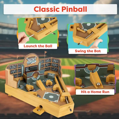 Vista 2 de Hey! Play! Juego de habilidades de mesa de pinball de béisbol, juguete de escritorio clásico en miniatura de madera retro para coleccionistas