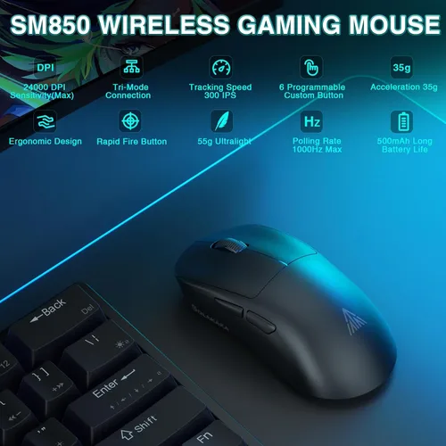 Vista 2 de SOLAKAKA SM850 - Ratón inalámbrico para juegos, 24000 DPI, mouse ligero de 1.97 oz, 6 botones programables, mouse ergonómico para computadora, tres