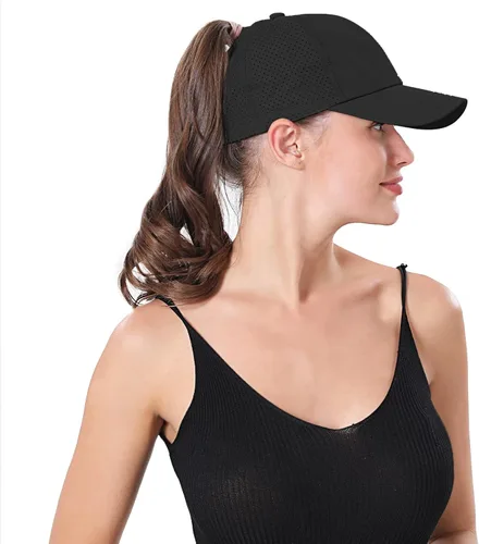 Vista 4 de Gorra de béisbol para mujer, con diseño cruzado y ajustable, de secado rápido, para cola de caballo
