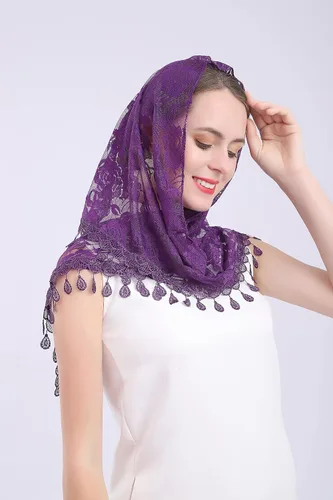 Vista 3 de Velo de encaje Triángulo Mantilla velo Mantón o Bufanda Latina Masa Cabeza Cubierta con Flecos Encaje