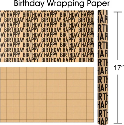 Vista 4 de MAYPLUSS Rollo de papel de regalo de feliz cumpleaños de los SS, envoltura de regalo de Kraft vintage Papel de regalo de 17 pulgadas x 33 pies