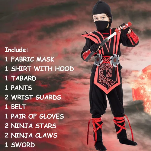 Vista 5 de Ninja Costume for Boys Halloween Luxury Costume Red Dragon Ninja Muscle Costume for Kids