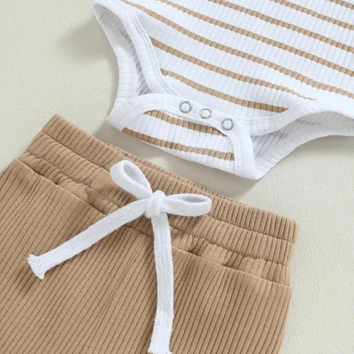 Vista 5 de Ropa de bebé recién nacido, ropa de punto acanalado, manga larga, pantalones de algodón sólido, trajes de otoño e invierno, 2 piezas