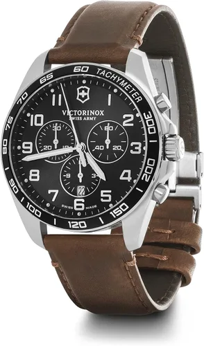 Vista 2 de Victorinox Fieldforce - Reloj cronólogo clásico con esfera negra y correa de cuero marrón, Marrón, Cronógrafo