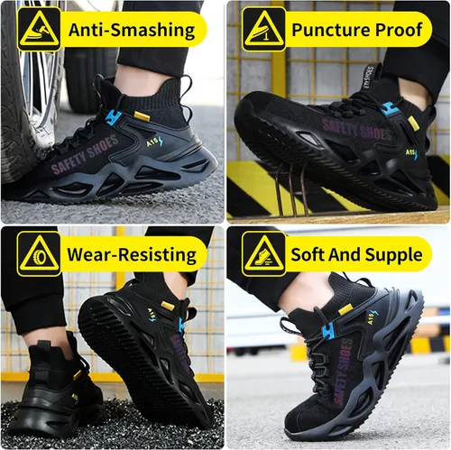 Vista 6 de LAoutun Zapatos de punta de acero para hombre, zapatos de construcción industrial, de corte medio, botas industriales, zapatos de trabajo cómodos