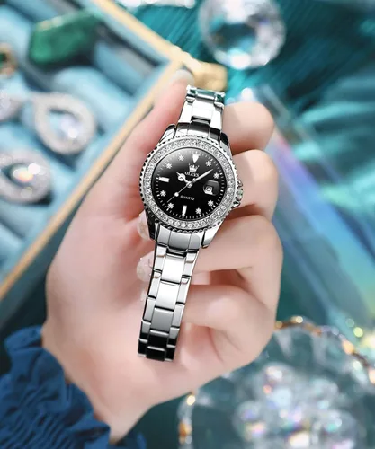 Vista 8 de OLEVS Reloj de pulsera para mujer, elegante, con diamantes, analógico, de cuarzo, de dos tonos, de acero inoxidable, impermeable, luminoso, regalo