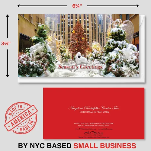 Vista 3 de Angels At Rockefeller Center NYC - Juego de 6 tarjeteros de Navidad con sobres blancos - Season's Greetings Holiday Tri-Fold Cash, cheques