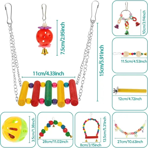 Vista 2 de 13 piezas de juguetes para pájaros de cacatúa, loros de madera, accesorios de jaula de periquitos, columpios de perca para pequeños juguetes