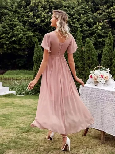 Vista 2 de UZN Vestidos de dama de honor para mujer, cuello en V, manga corta, vestido formal de fiesta