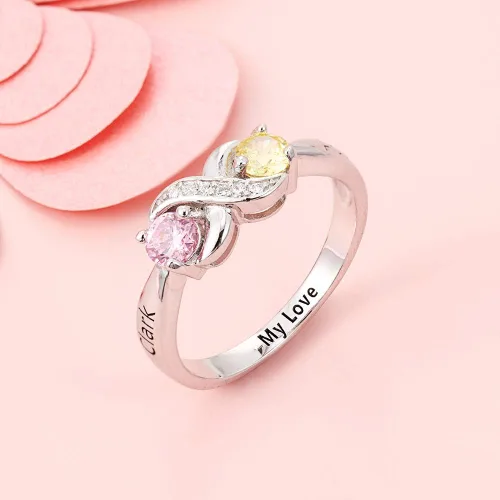 Vista 6 de Anillo personalizado para madres infinitas con 2 piedras natales redondas simuladas, anillos de compromiso para mujer