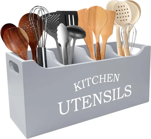 Vista 9 de Soporte para utensilios de cocina de madera, extra grande, 4 compartimentos, con parte inferior de drenaje para encimera, organizador