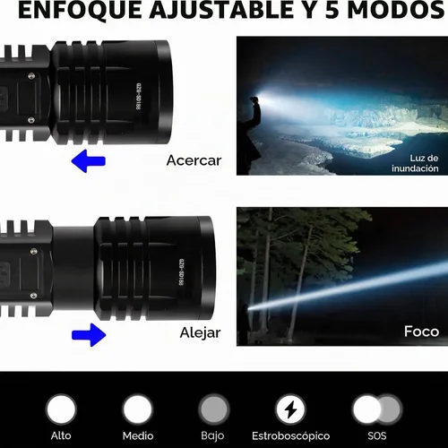 Vista 7 de Linternas LED Recargables de Alto Lúmenes, Linterna de 10000mAh de Alta Potencia Impermeable Más Brillante Linterna Zoomable con Foco