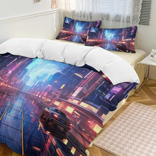 Vista 15 de Art Duvet Cover Full Size, Ultra Soft Microfiber Night Scenery Bedding Set, 3 Pieces City View Pattern Comforter Cover Set with Zipper Closure