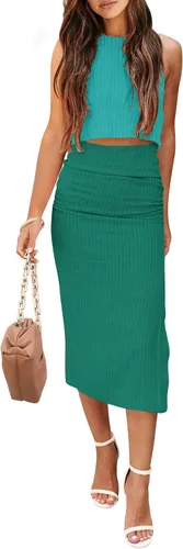 Vista 10 de PRETTYGARDEN Conjunto de 2 piezas de verano para mujer, cuello redondo, sin mangas, con abertura, falda midi